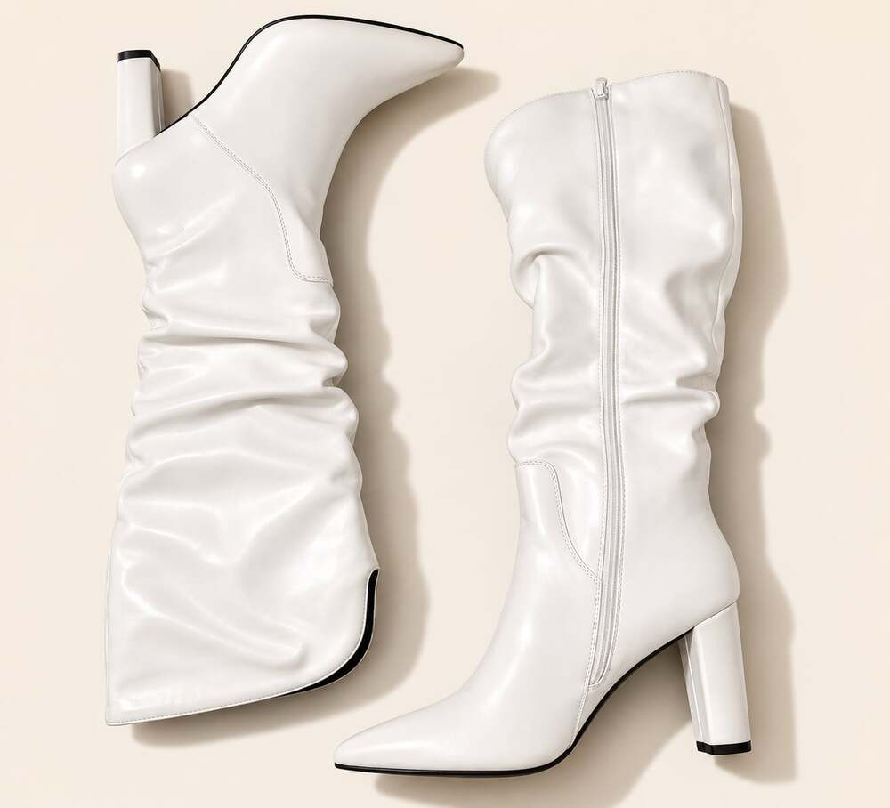 Y2K White Slouch Boots Pointed Toe Block Heel Clean Girl Mob Wife EU 38